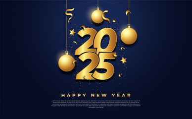 Wall Mural - Happy New Year 2025 with shiny gold design decoration on blue dark background