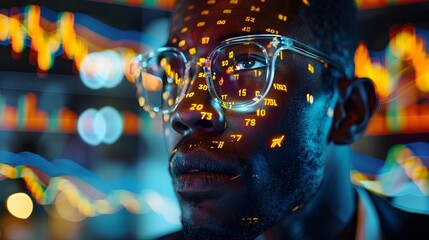 Wall Mural - Portrait of Black Stock Market Trader Doing Analysis of Investment Charts, Graphs, Ticker Numbers Projected on His Face. African American Financial Analyst, Digital Entrepreneur Successfully Trading