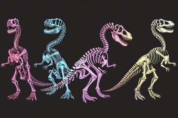 Wall Mural - Glowing against the dark canvas, a series of neon dinosaur silhouettes form an intriguing collection of signs.