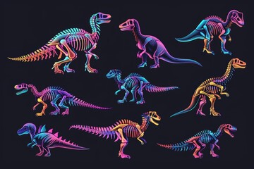 Wall Mural - Glowing against the dark canvas, a series of neon dinosaur silhouettes form an intriguing collection of signs.