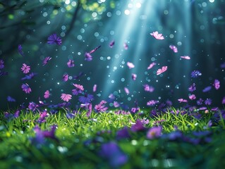 A beautiful landscape with blue light and purple flowers flowing through the air onto the  forest glen floor.