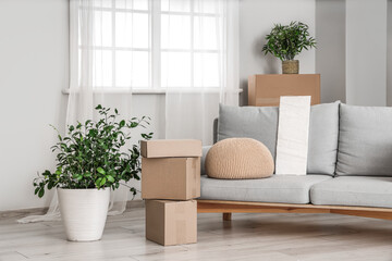 Poster - Cardboard boxes and sofa prepared for house moving in living room