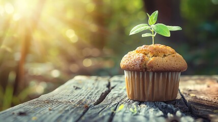 Wall Mural - Muffin with green sprout on top on wooden table in sunlight. Metaphor for growth, new beginnings, healthy eating, vegan, vegetarian concept.