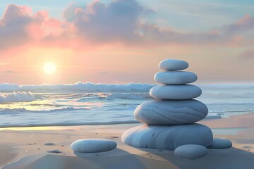 Wall Mural - serene pyramid of gray zen pebbles on a sandy beach with a breathtaking sunset or sunrise background symbolizing harmony balance and meditation digital illustration