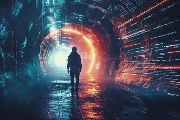 solitary explorer stands before glowing futuristic digital tunnel scifi concept art