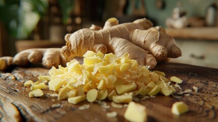 Wall Mural - Fresh chopped ginger root on wooden rustic table. Healthy food spice concept realistic