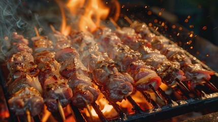 Wall Mural - Grilling succulent raw pork skewers over an open flame on the grill capturing the essence of preparing shish kebabs over hot coals The focus is selectively soft with a shallow depth of fiel