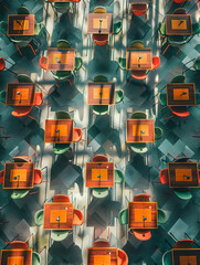 Wall Mural - a row of tables with chairs in a restaurant. the chairs are of different colors and sizes. the table