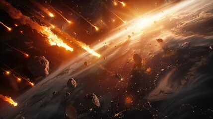 Wall Mural - a chilling scene unfolds as a group of blazing asteroids hurtles towards earth from the depths of sp