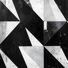 Wall Mural - A black and white abstract painting with triangles and squares. The painting is made up of different shapes and sizes, creating a sense of movement and depth