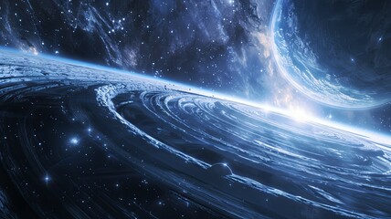 Wall Mural - Space Vortex Near Ice Planet - Stunning space scene depicting a swirling galaxy vortex near an icy planet
