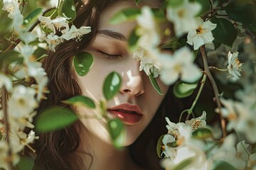 Wall Mural - a woman is surrounded by flowers and leaves