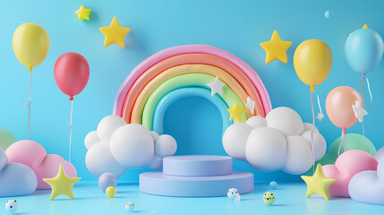 Poster - Background podium baby cute product 3d cloud kid children display banner room toy design blue. Podium scene boy background rainbow baby stand studio presentation shower template sale stage poster sky