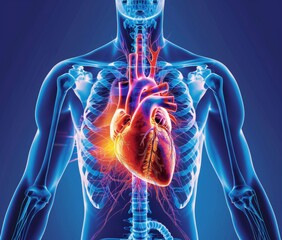 a detailed illustration of the human heart and chest, with an x-ray effect showing its structure ins