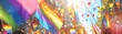 © Pnitha - A gay pride festival in a city square with a rainbow flag and people. An outdoor party of the lgbtq community, with a wide angle view of people holding colorful flags on a blurred background on a sunn