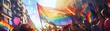© Pnitha - A gay pride festival in a city square with a rainbow flag and people. An outdoor party of the lgbtq community, with a wide angle view of people holding colorful flags on a blurred background on a sunn