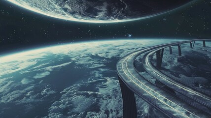 space highway with celestial bodies - a surreal space highway bending around planets with a starry b