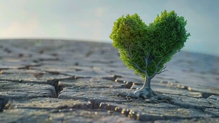 Wall Mural - A tree sculpted into a heart shape stands proudly amidst the cracked earth symbolizing growth love for nature and the importance of environmental stewardship in corporate social responsibili