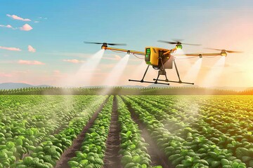 Wall Mural - In agriculture, smart robotic applications and drones improve pesticide application, enhancing farm operations and the vegetable harvest process
