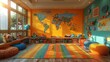 © Tida - Vibrant playroom with world map wall - Colorful children's playroom featuring a huge wall world map and educational toys