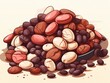 A pile of mixed beans, including black beans, pinto beans, and kidney beans.