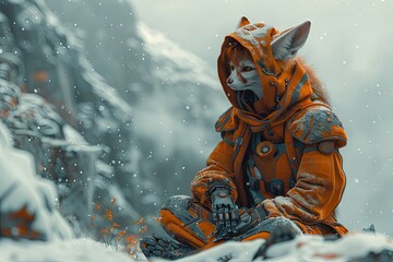 Wall Mural - Dreamy Cyborg Fennec Fox Warrior: Snowy Mountain Encounter