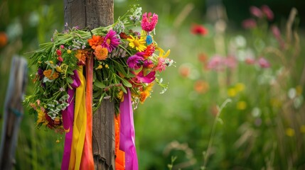 Wall Mural - In the summer backdrop vibrant ribbons adorn a wooden post holding a wreath of blossoms embodying the essence of the Midsummer holiday and the Summer Solstice This floral crown serves as a 