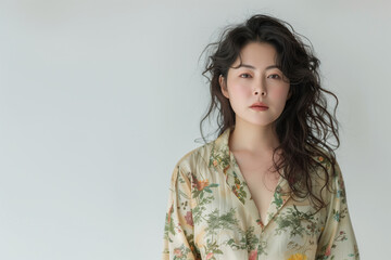 Wall Mural - Portrait of adult Asian woman in a delicate floral silk blouse, her hair windswept, against a soft white background.