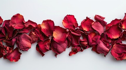 Poster - A flat lay arrangement of dried red rose petals on a white background providing a top down view with empty space for text