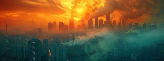 Wall Mural - a colorful, fiery, and smoky cityscape with a large