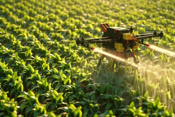 Wall Mural - In modern agribusiness, unmanned drones apply advanced aerial spraying techniques via remote control for effective crop protection and plant health