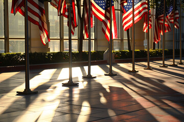 Wall Mural - Flags cast long shadows in early Memorial Day light.