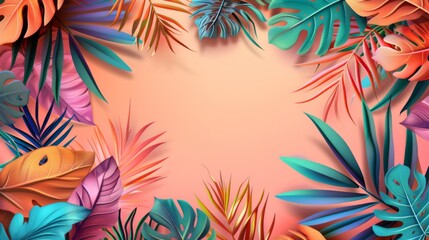 Fuse peach background with tropical leafs, summer vibe, hawaii vibe, colorful botanical background.