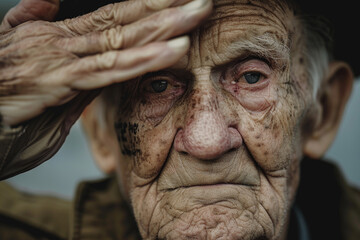 Wall Mural - Elderly Navy veteran saluting, detailed expression of pride and sorrow for Memorial Day.
