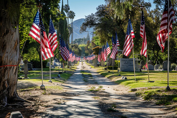 Memorial Day preparation at Los Angeles Cemetery with U.S. flags lining a path of honor.