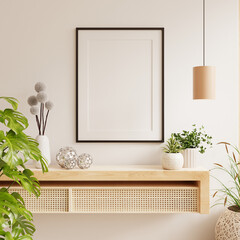 Wall Mural - Mockup poster frame close up and wood cabinet in cozy white interior background- 3D rendering