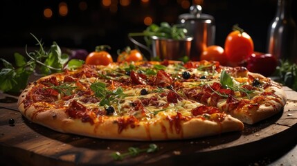 Wall Mural - full pizza with vegetables and meat on wooden table with blur background