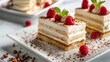 Plate of mini layered dessert cake with vanilla mousse.