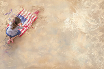 Wall Mural - Aerial shot of a little girl drawing an American flag on a beige background, symbolizing patriotism.