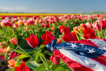 Wall Mural - Vibrant tulip field frames an American flag shaped as a praying soldier for Memorial Day spring.