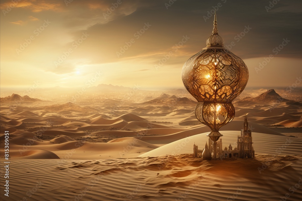 Ancient city of the sands in arabian desert with and the golden lamp ...