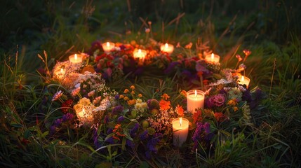 Wall Mural - A captivating floral wreath adorned with flickering candles graces the evening meadow symbolizing the vibrant celebration of Summer Solstice Day also known as Midsummer or Litha sabbat This