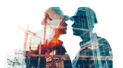 Wall Mural - two civil engineers discuss an architectural plan, in a double exposure with a large construction site, in front of a solid white background, creative colors