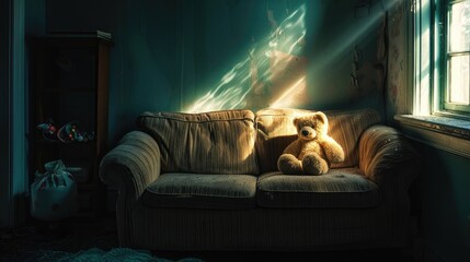 Wall Mural - A captivating photo captures the poignant scene of a Teddy bear resting on a sofa in a dimly lit room illuminated by sunlight streaming through a window This evocative image conveys the soli