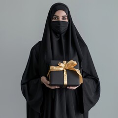 Wall Mural - A muslim woman wearing black abaya holding a black gift box with a gold ribbon