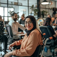 Wall Mural - a muslim woman with a disability with a group of people having a good time in an office