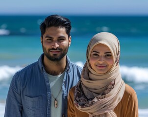 Wall Mural - American Muslim couple from walking down the beach together