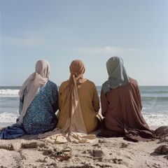 Poster - American Muslim female friends sitting on a beach shore together in the afternoon