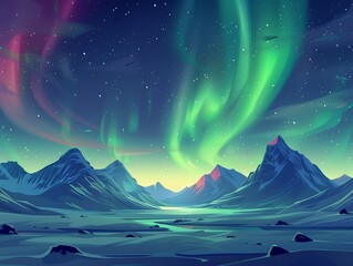 Wall Mural - Impressive and beautiful northern lights display flat design side view polar theme cartoon drawing Analogous Color Scheme