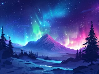 Wall Mural - Beautiful and impressive northern lights display flat design side view polar theme cartoon drawing Analogous Color Scheme